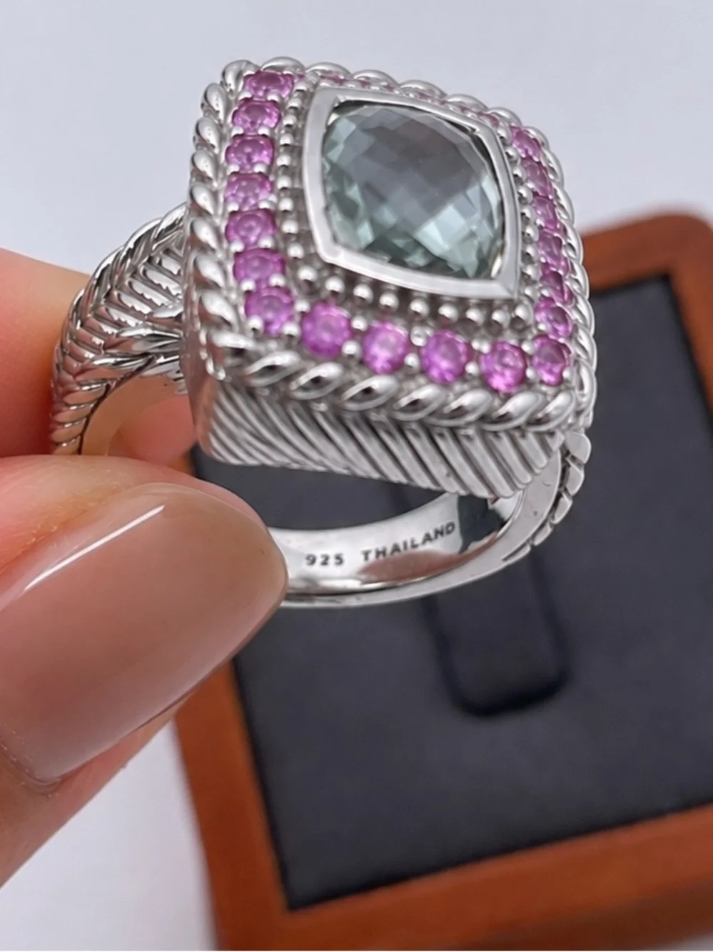 Judith Ripka 925 Sterling Silver Prasiolite Green Amethyst Pink Sapphire Ring s6